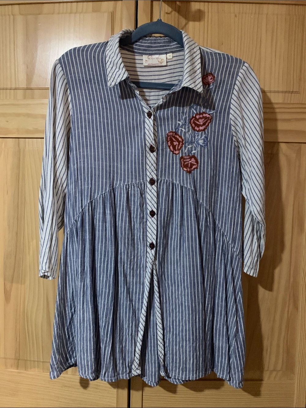 Blue and White Striped Button-Front Tunic with Red Floral Embroidery